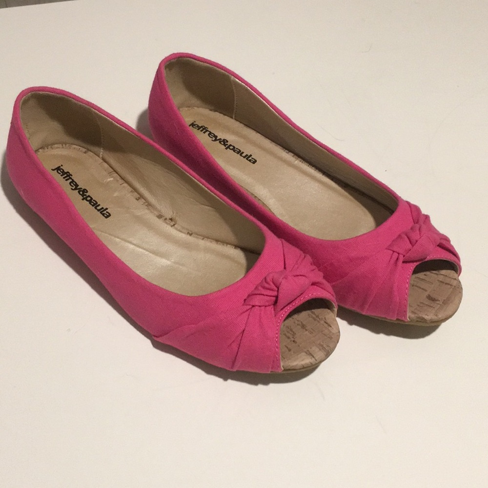 Pink canvas peep toe flats